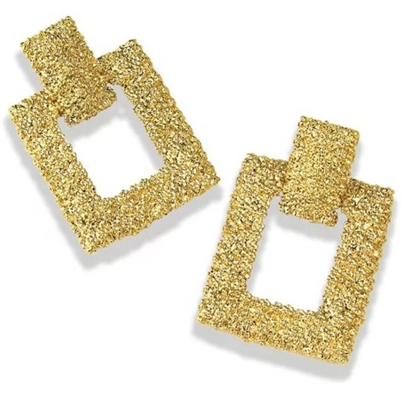 Large Geometric Textured 18k Gold Plated Earrings - Picture 2 of 7
